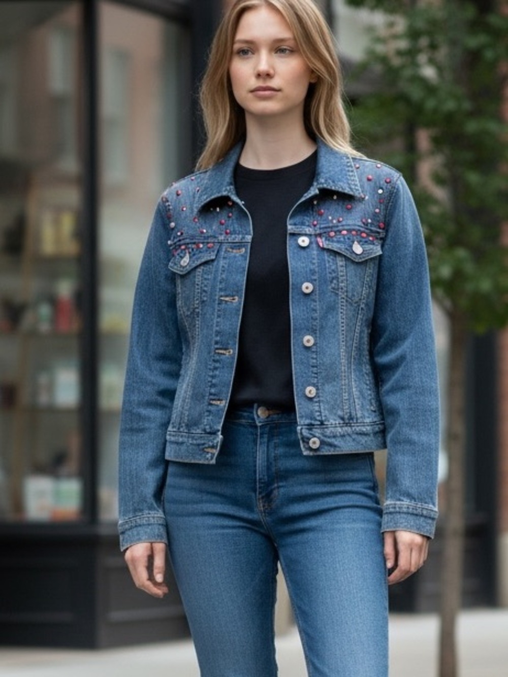 Levi's Denim Trucker Jacket Red Bejeweled Diamond Stud Embellishments Size S